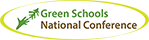 Image of the logo of the Green Schools National Conference, which says "Green Schools" in green text and "National Conference" in brown text. To the left of the text is a green graphic of a hand reaching to touch a leaf. The logo has a light green circle around it. 