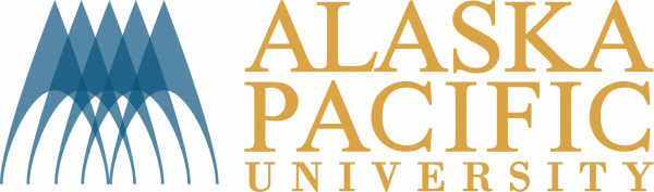 Stylized blue mountains and gold letters reading Alaska Pacific University